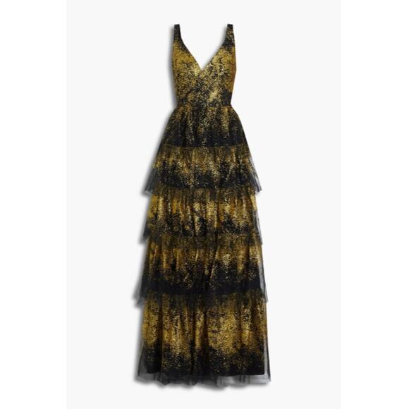 Marchesa Notte Gold Sleeveless V-Neck Tulle Dress Black Glitter Size 4 - Picture 1 of 6